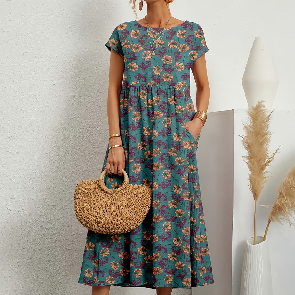 Short-sleeved, Loose-fitting Midi Dress With Round Neck