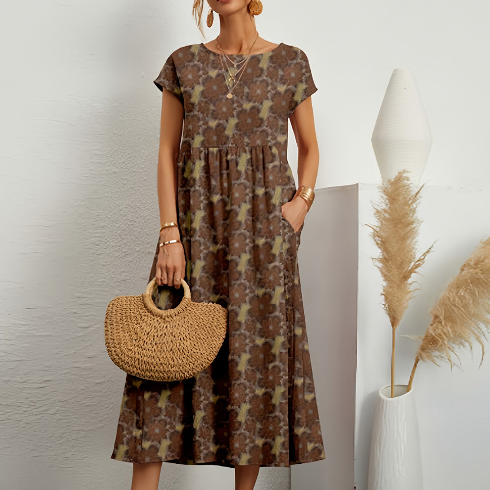 Short-sleeved, Loose-fitting Midi Dress With Round Neck