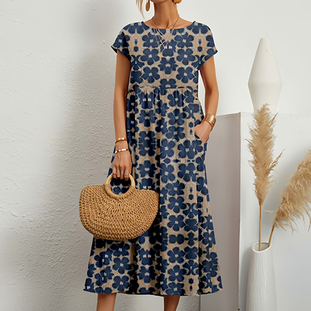 Short-sleeved, Loose-fitting Midi Dress With Round Neck