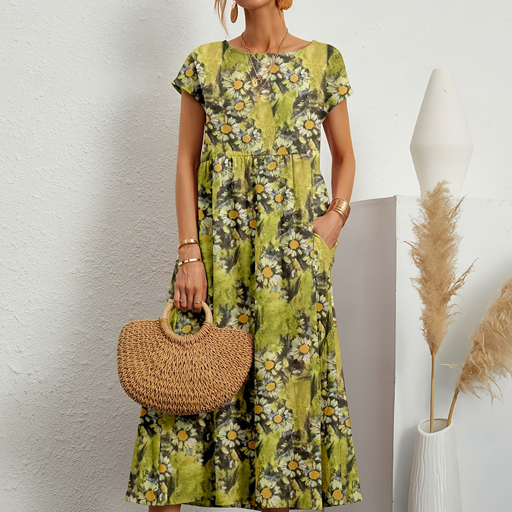 Short-sleeved, Loose-fitting Midi Dress With Round Neck