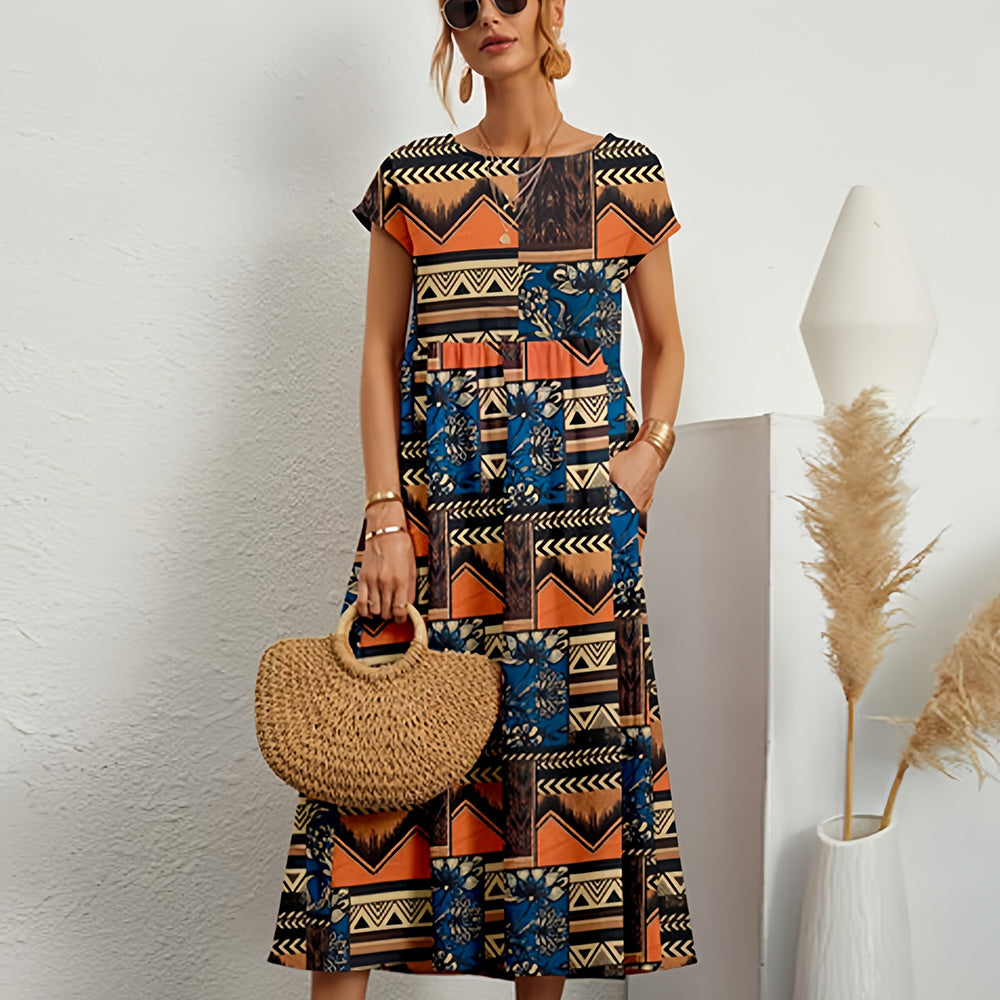 Short-sleeved, Loose-fitting Midi Dress With Round Neck