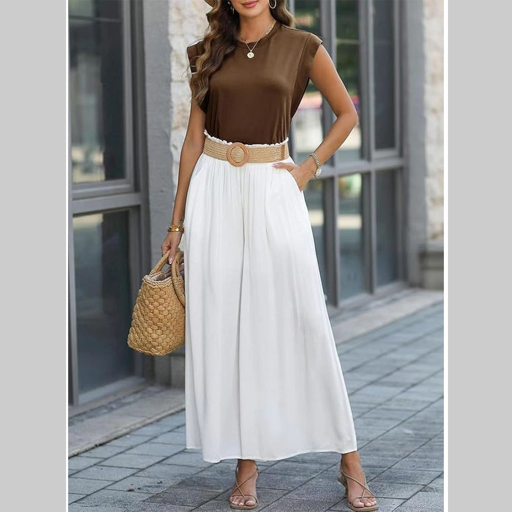 Women Spring and Summer Round Neck Sleeveless T-shirt