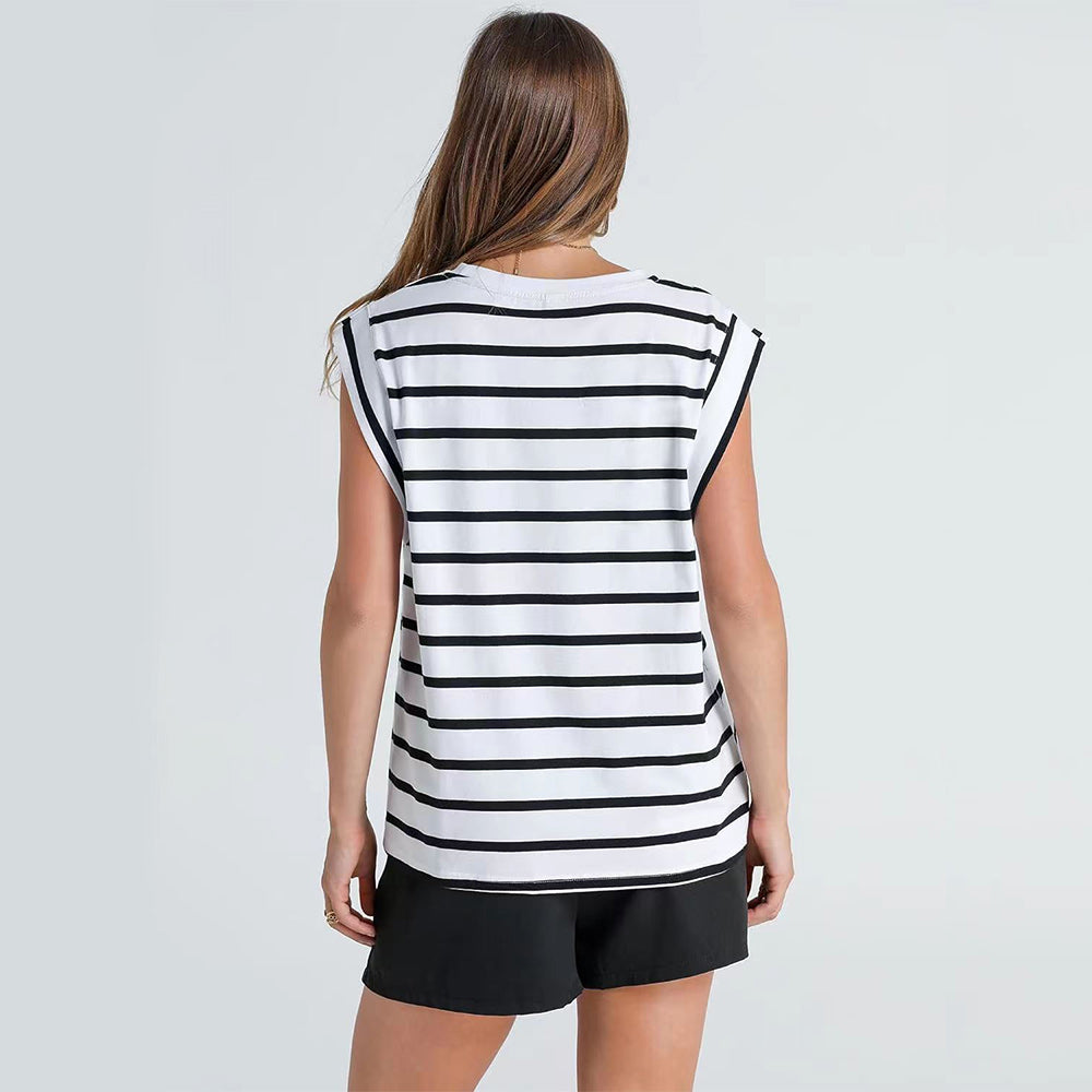 Women Spring and Summer Round Neck Sleeveless T-shirt