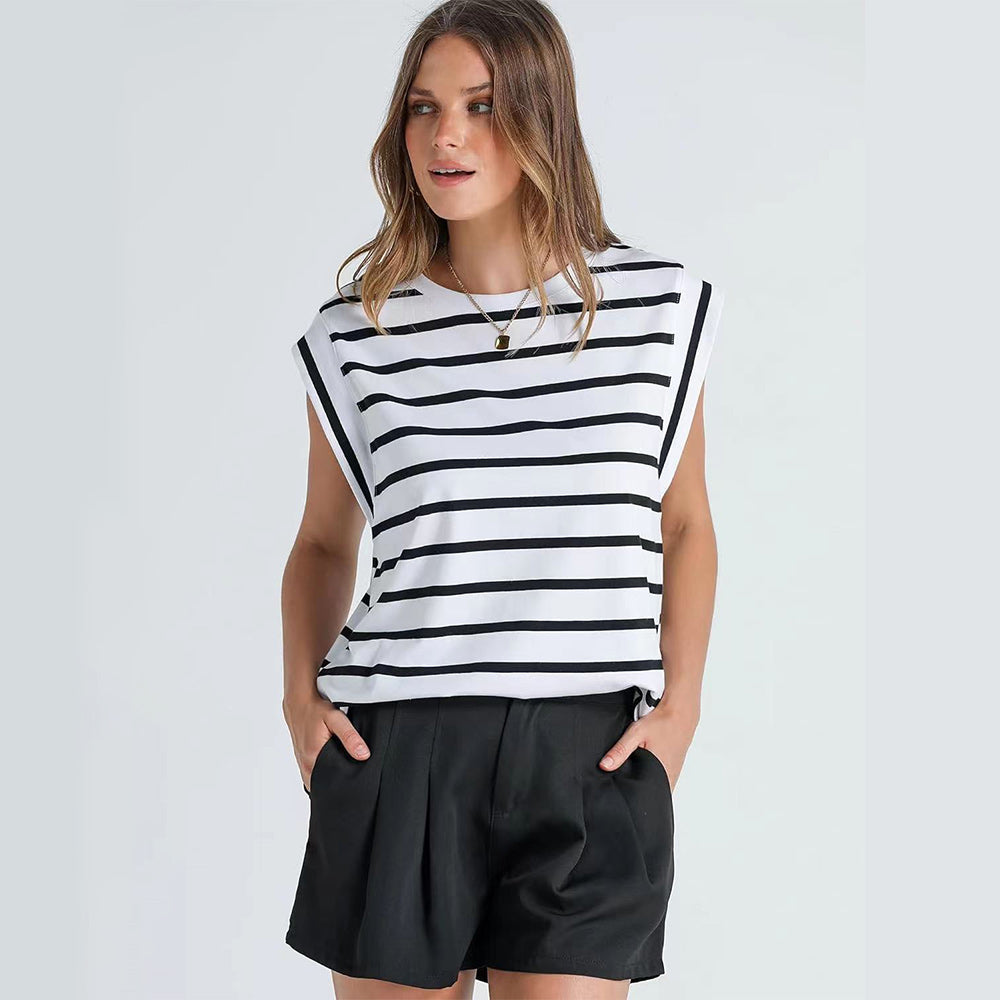 Women Spring and Summer Round Neck Sleeveless T-shirt