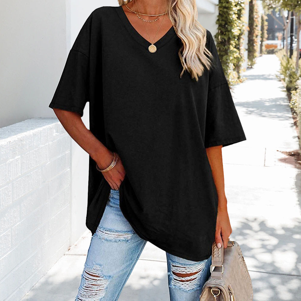 Solid New Women's T-shirt Made of Cotton With V-neck