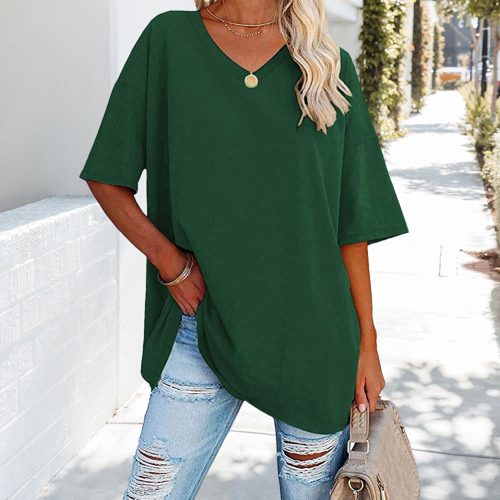 Solid New Women's T-shirt Made of Cotton With V-neck