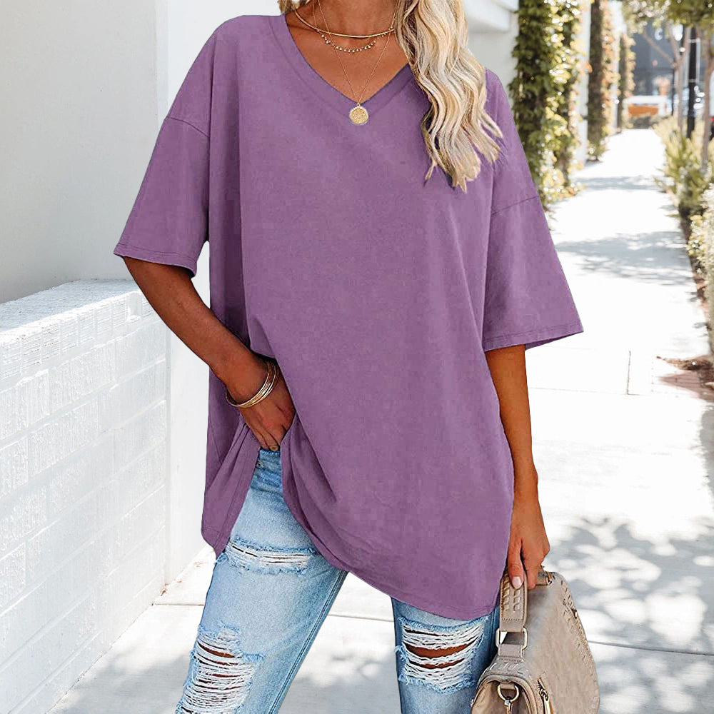 Solid New Women's T-shirt Made of Cotton With V-neck