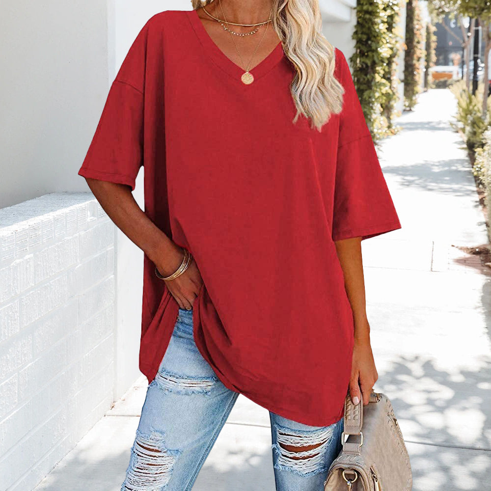 Solid New Women's T-shirt Made of Cotton With V-neck