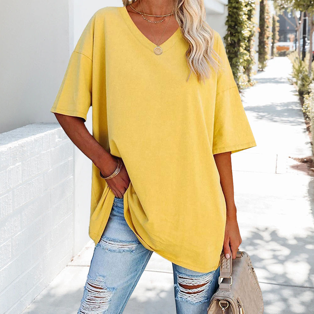 Solid New Women's T-shirt Made of Cotton With V-neck