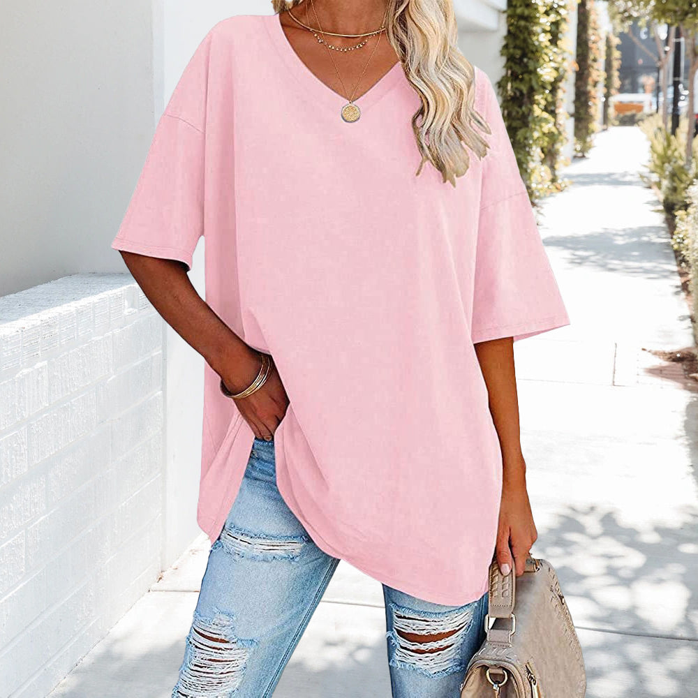 Solid New Women's T-shirt Made of Cotton With V-neck