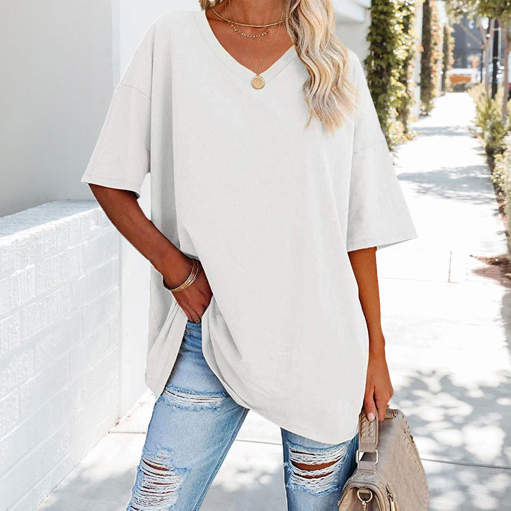 Solid New Women's T-shirt Made of Cotton With V-neck