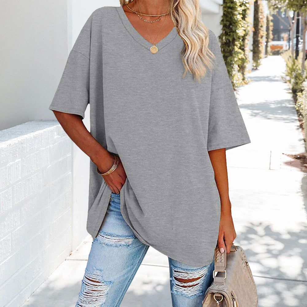 Solid New Women's T-shirt Made of Cotton With V-neck