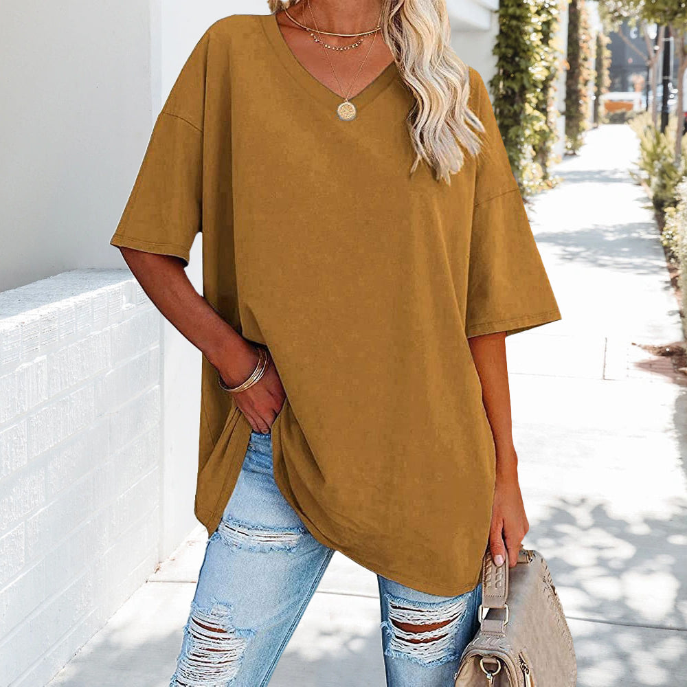 Solid New Women's T-shirt Made of Cotton With V-neck