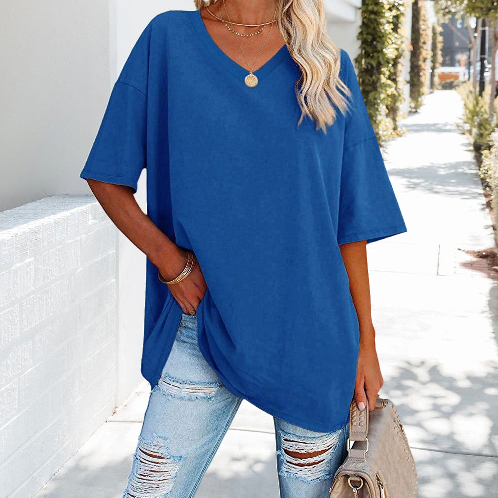 Solid New Women's T-shirt Made of Cotton With V-neck