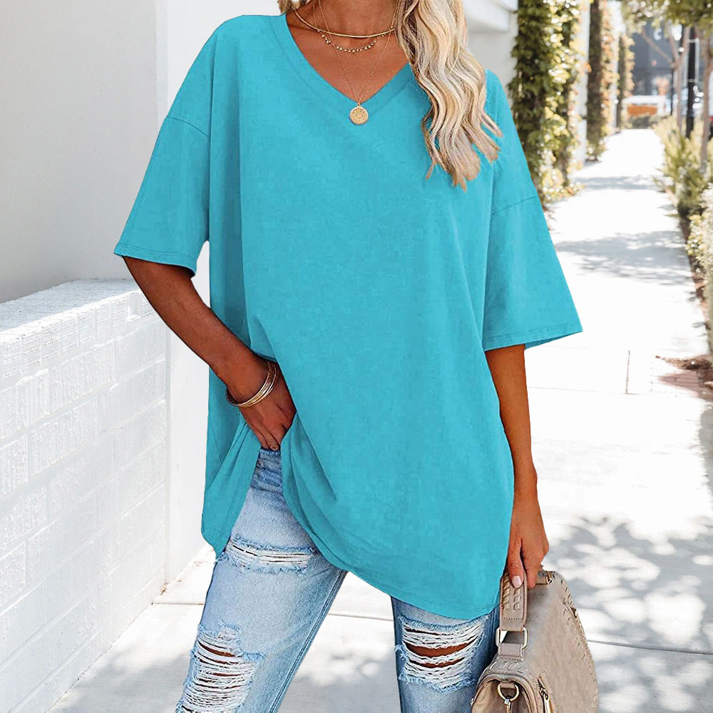 Solid New Women's T-shirt Made of Cotton With V-neck