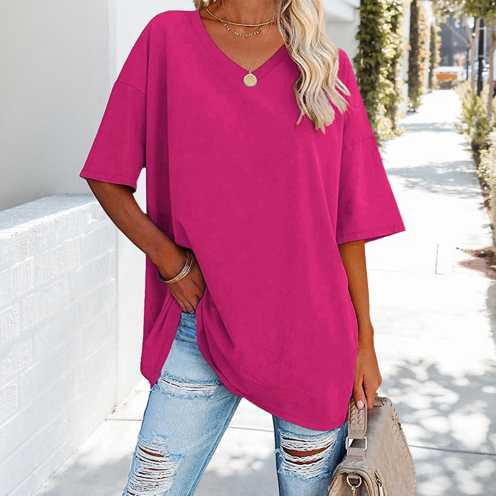 Solid New Women's T-shirt Made of Cotton With V-neck