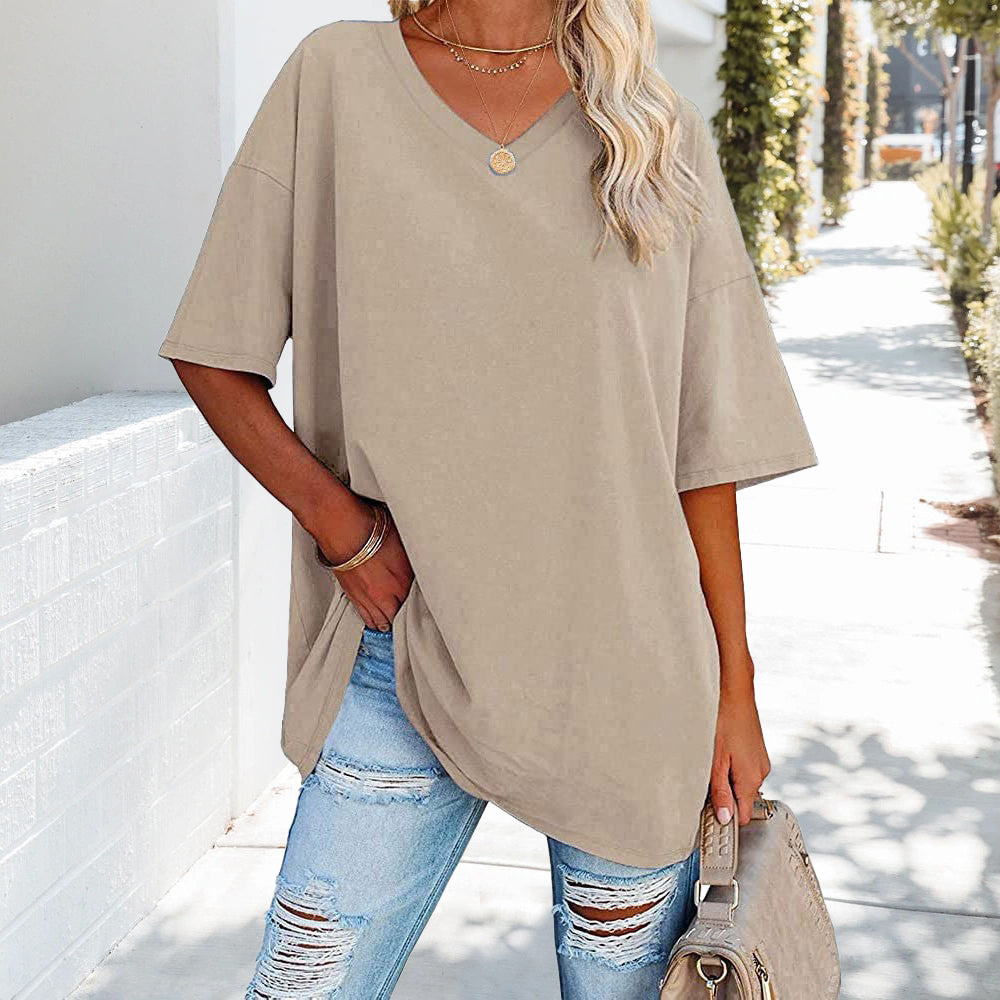 Solid New Women's T-shirt Made of Cotton With V-neck