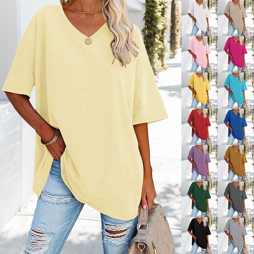 Solid New Women's T-shirt Made of Cotton With V-neck