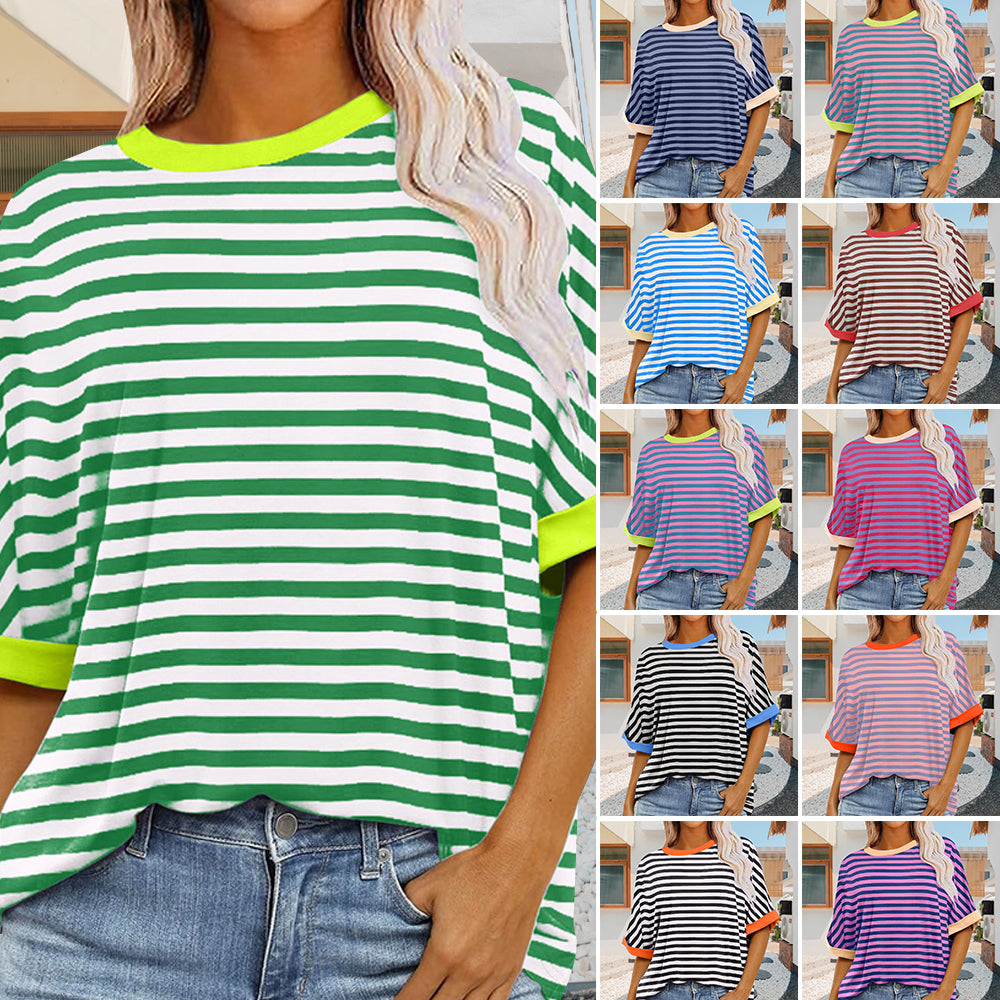 Summer Women's New Simple Striped Round Neck Trendy Short Sleeves