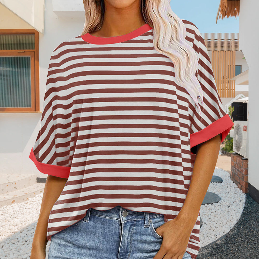 Summer Women's New Simple Striped Round Neck Trendy Short Sleeves