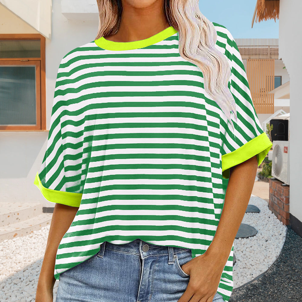 Summer Women's New Simple Striped Round Neck Trendy Short Sleeves