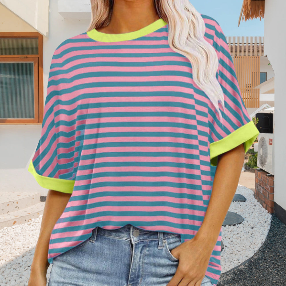 Summer Women's New Simple Striped Round Neck Trendy Short Sleeves