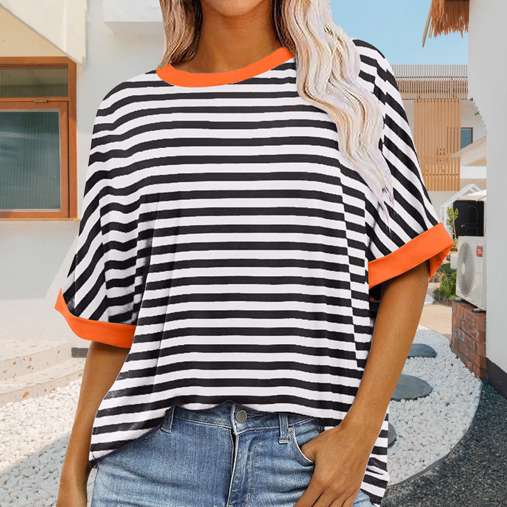Summer Women's New Simple Striped Round Neck Trendy Short Sleeves