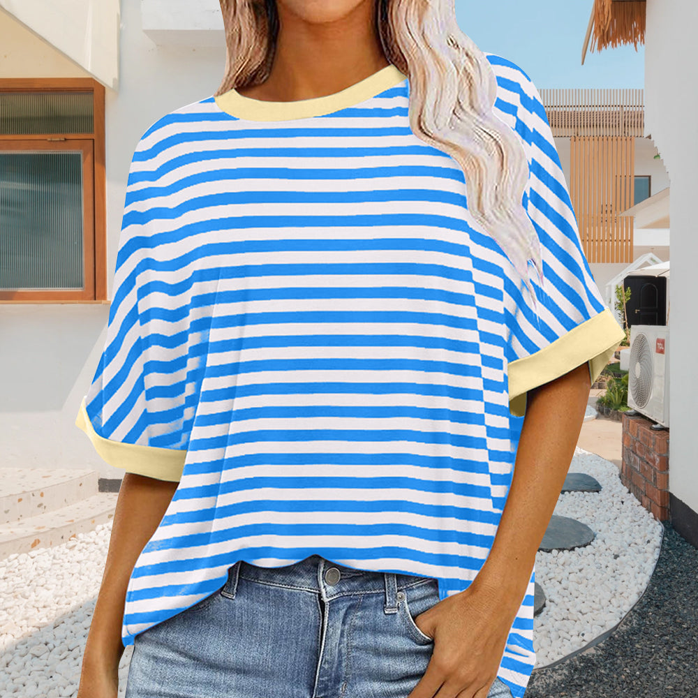 Summer Women's New Simple Striped Round Neck Trendy Short Sleeves