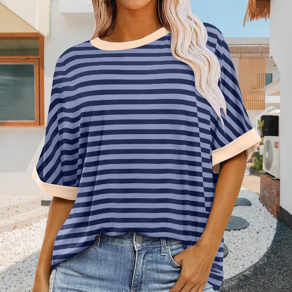 Summer Women's New Simple Striped Round Neck Trendy Short Sleeves