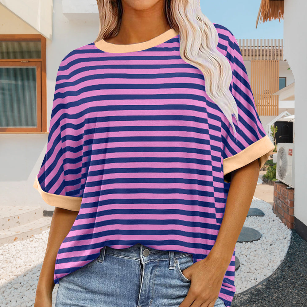 Summer Women's New Simple Striped Round Neck Trendy Short Sleeves