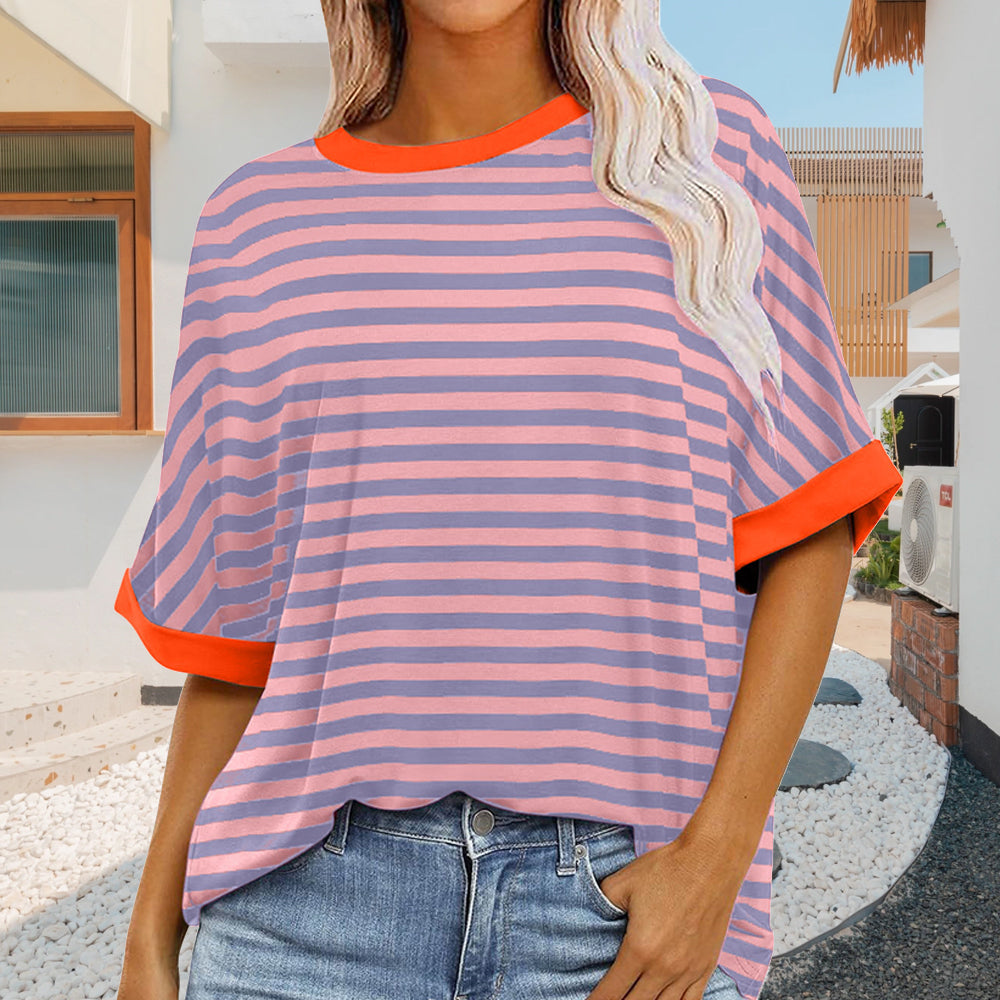 Summer Women's New Simple Striped Round Neck Trendy Short Sleeves