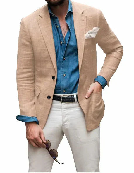 Men's Linen Blazer Beach Wedding Casual Tailored Fit Solid Color Single Breasted Two Buttons