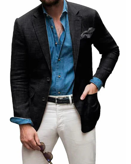 Men's Linen Blazer Beach Wedding Casual Tailored Fit Solid Color Single Breasted Two Buttons