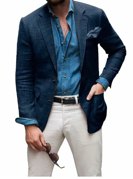 Men's Linen Blazer Beach Wedding Casual Tailored Fit Solid Color Single Breasted Two Buttons