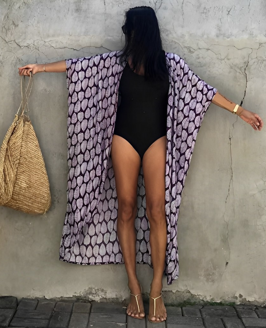 Retro Kimonolong, Patterned Beach Kimono With Belt For Women
