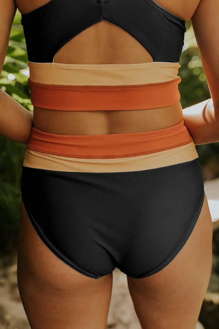 High Waist Colorblock Navy Cut Back Crop Bikini Set