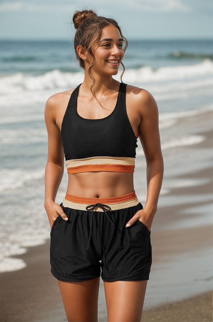 Black Colorblock Zip Back Sports Bikini Top with Boyshort Set