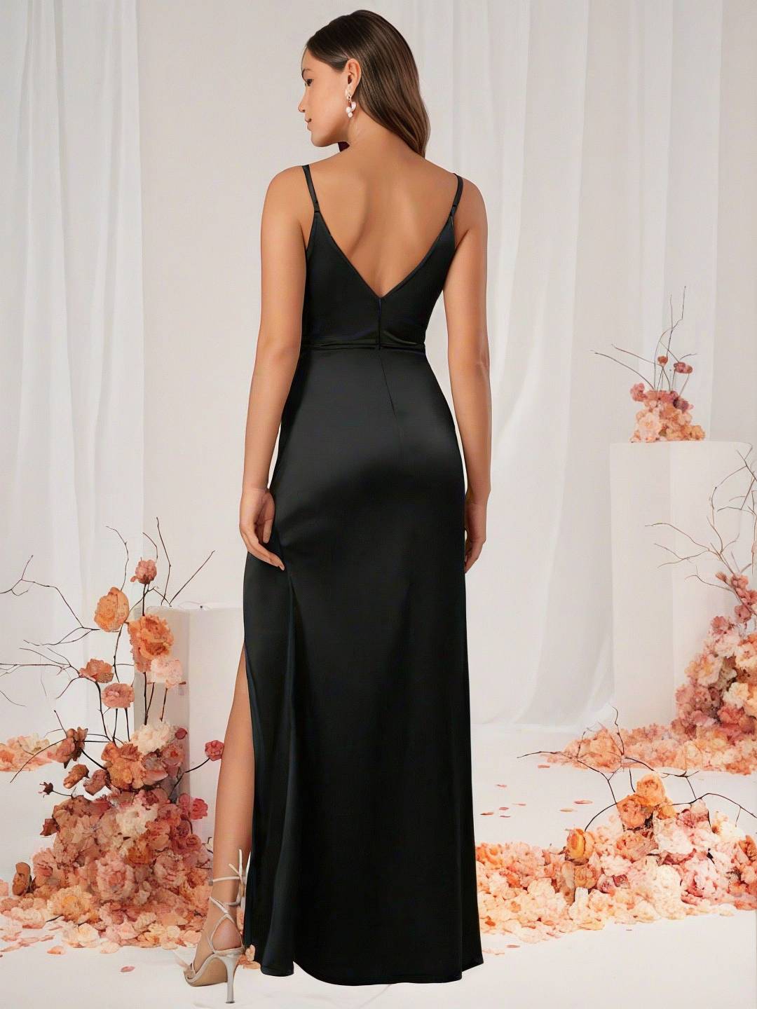 Bridesmaid Dress Satin V Neck Split Back Sleeveless Evening Guest Wedding Dress