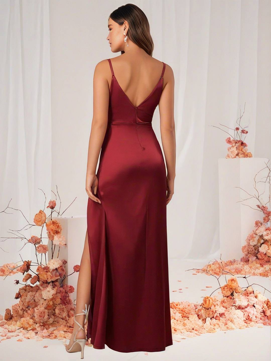 Bridesmaid Dress Satin V Neck Split Back Sleeveless Evening Guest Wedding Dress