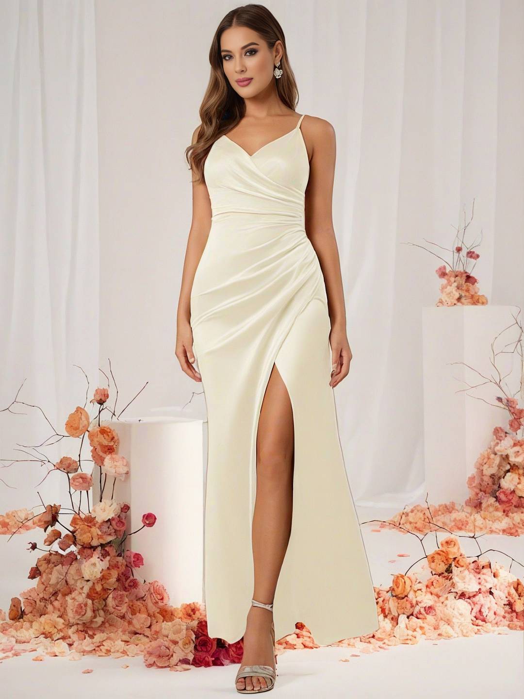Bridesmaid Dress Satin V Neck Split Back Sleeveless Evening Guest Wedding Dress