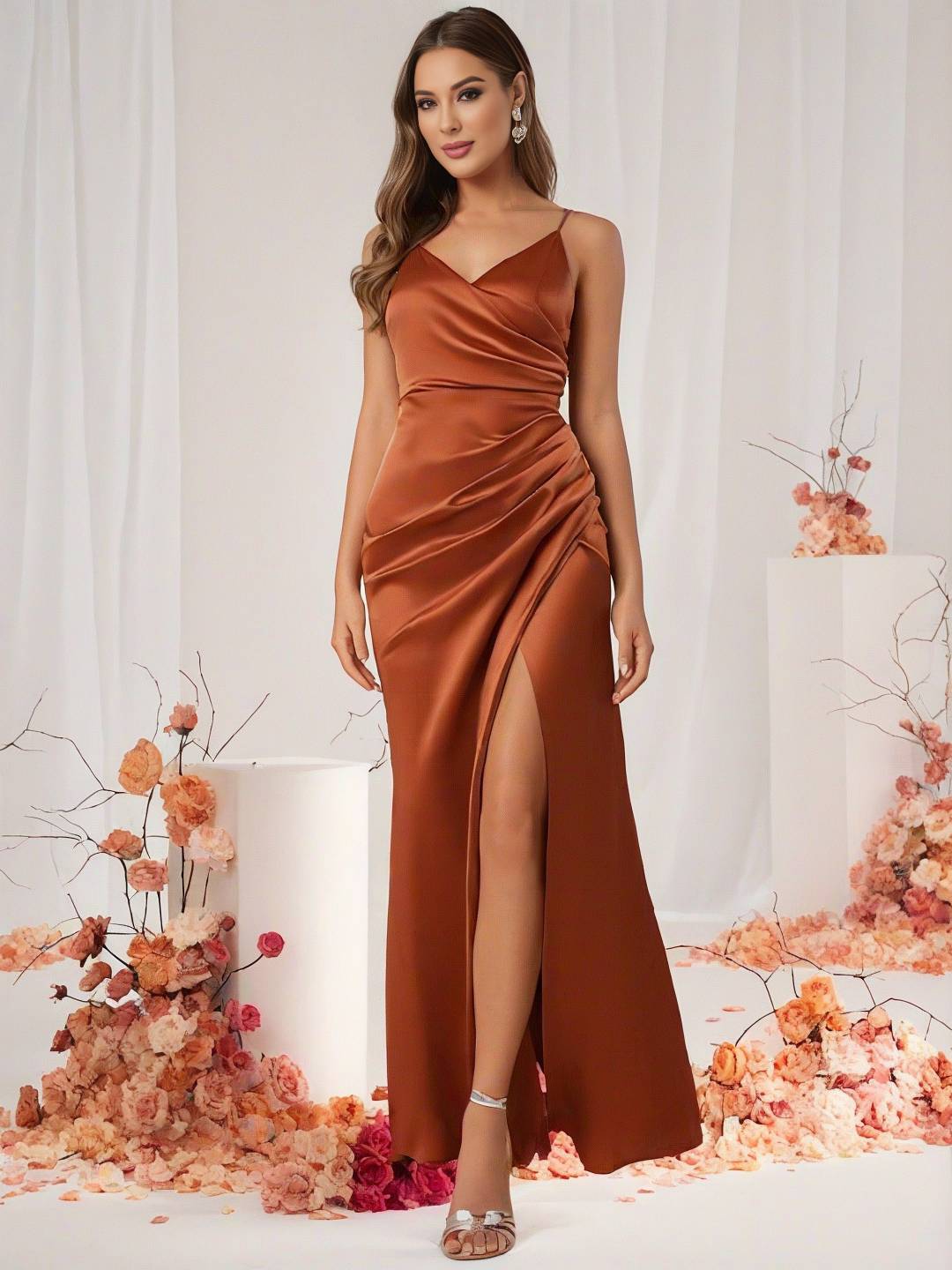 Bridesmaid Dress Satin V Neck Split Back Sleeveless Evening Guest Wedding Dress