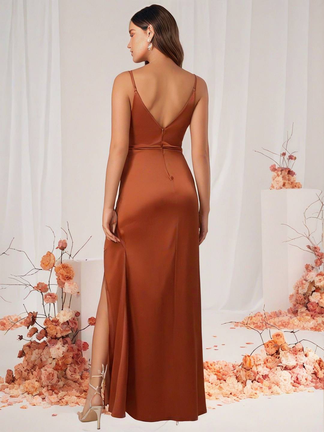 Bridesmaid Dress Satin V Neck Split Back Sleeveless Evening Guest Wedding Dress