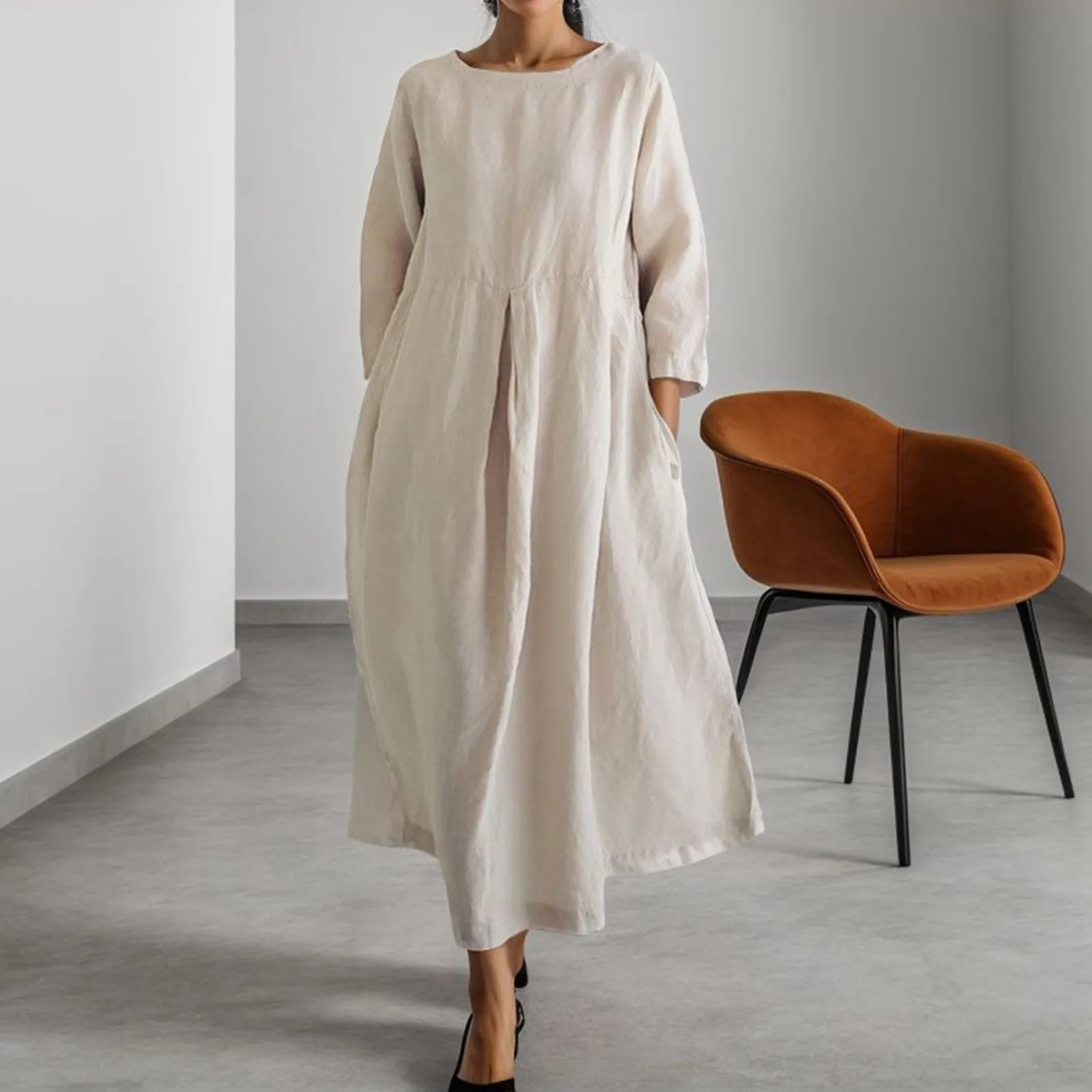 Simple Linen Dress With Round Neck