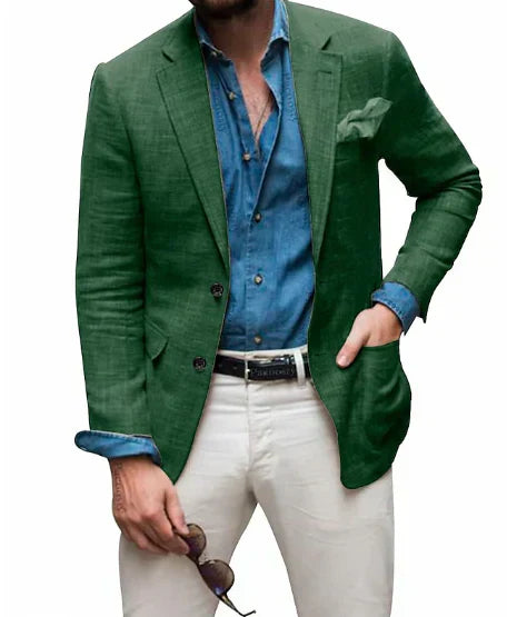 Men's Linen Blazer Beach Wedding Casual Tailored Fit Solid Color Single Breasted Two Buttons