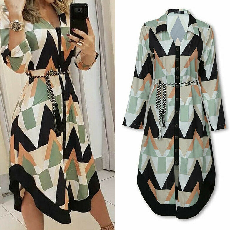 Wave Print Long Sleeve Dress