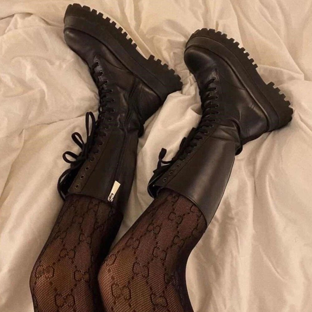 High boots women black with lacing track sole