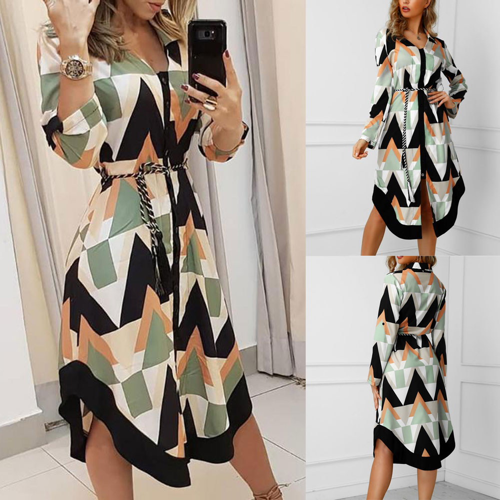 Wave Print Long Sleeve Dress
