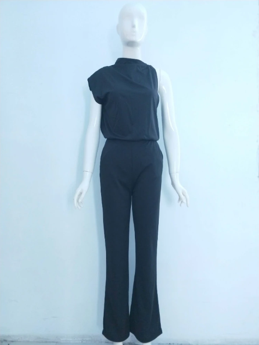 Women's Jumpsuit With Round Neckline, Sleeveless And Wide Leg
