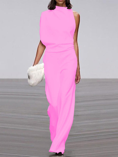 Women's Jumpsuit With Round Neckline, Sleeveless And Wide Leg