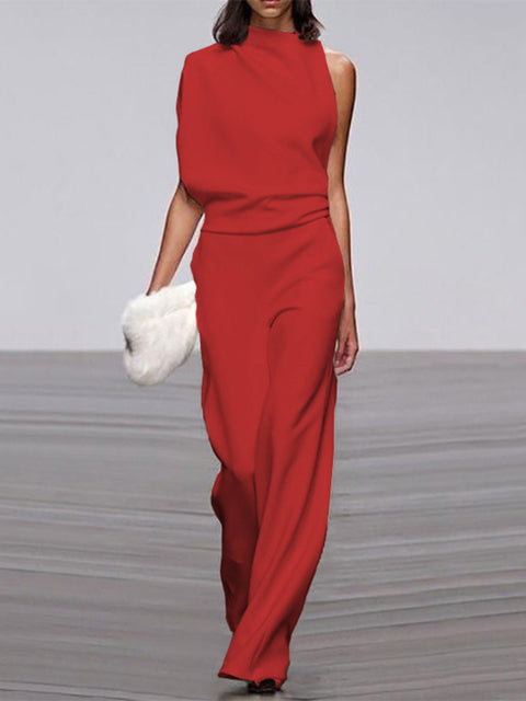 Women's Jumpsuit With Round Neckline, Sleeveless And Wide Leg